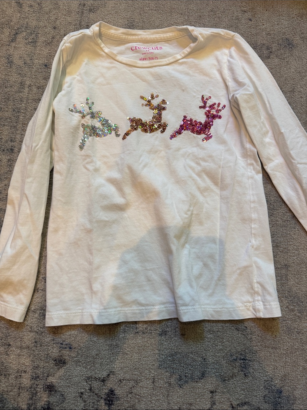 Crewcuts White Long-Sleeve Tee with Triple Sequin Reindeer
